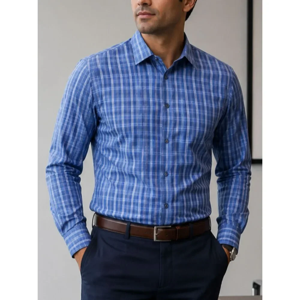 Banana Republic Slim Fit Blue Plaid Stretch Button Down Shirt Men's XL